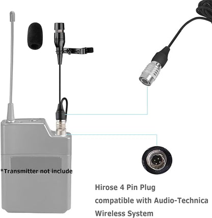 Black Lapel Lavalier Microphone Unidirectional Condenser Super Cardioid Mic Compatible with Audio-Technica Wireless Bodypack Transmitter System with Hirose 4 Pin Plug