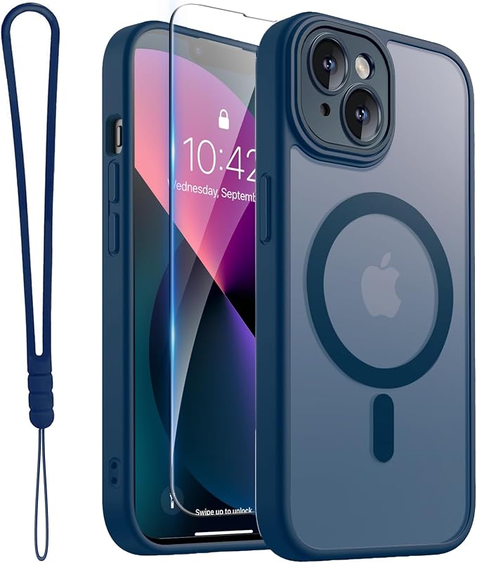ROYBENS for iPhone 13 Matte Clear Case Compatible with Magsafe, Full Camera Lens Protection, Screen Protector, Wrist Strap, Translucent Magnetic Slim Hard Protective Phone Cover,6.1-Inch, Navy Blue