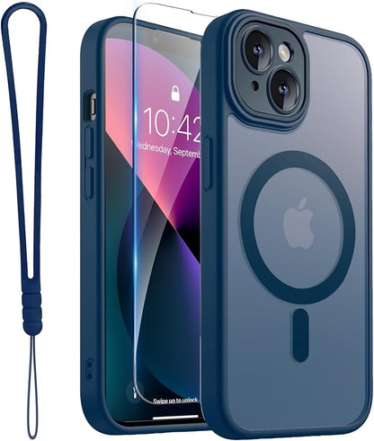 ROYBENS for iPhone 13 Matte Clear Case Compatible with Magsafe, Full Camera Lens Protection, Screen Protector, Wrist Strap, Translucent Magnetic Slim Hard Protective Phone Cover,6.1-Inch, Navy Blue
