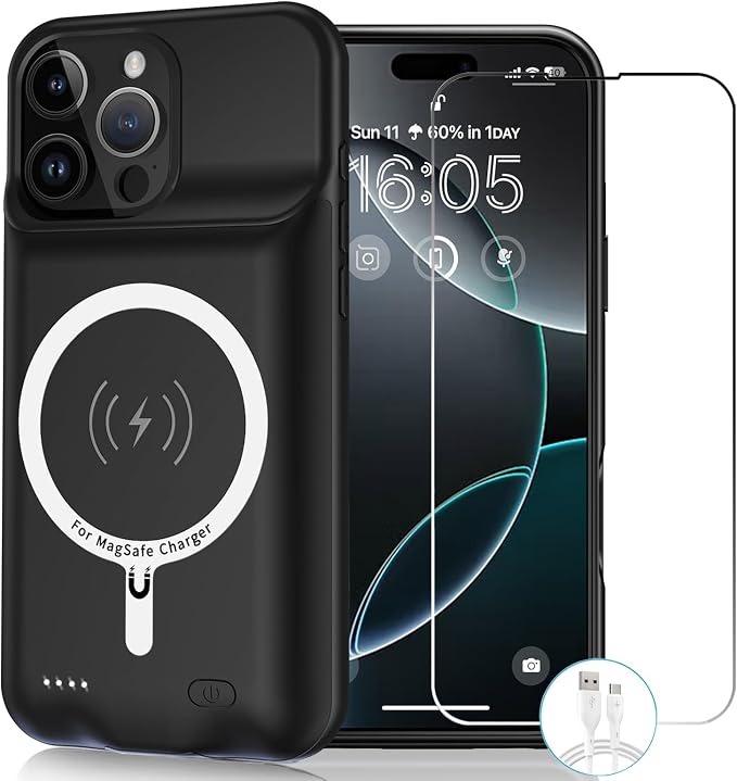 Wireless Charging Case for iPhone 16 Pro,10000mAh High Capacity Portable Rechargeable Extended Battery Case Qi Wireless Charging with iPhone 16 Pro (6.3 inch) Extended Battery Charger Case (Black)
