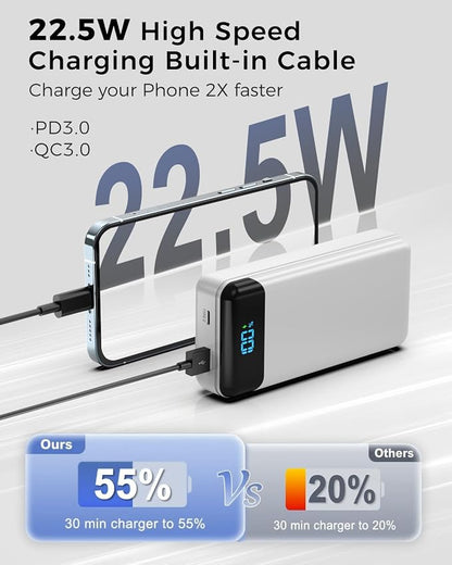 Portable Charger 40000mAh Power Bank, PD 22.5W Fast Charging | Built-in Cable, 4 Output 3 Input, Digital Display, Compatible with iPhone 17 16 15 14 13 Android
