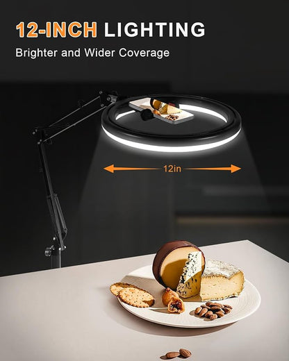 12" Overhead Phone Mount with Ring Light, 360° Circle Light - CRI >95 & Adjustable 72" Height, Phone Ring Light for Photography,Live Streaming, Cooking and Content Creation