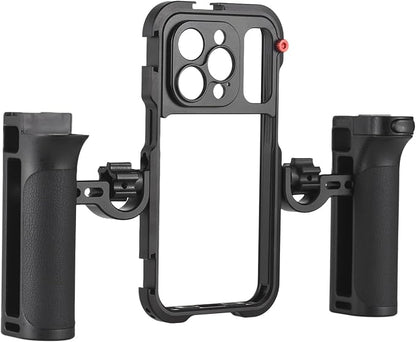 Andoer Portable Phone Cage with Dual Handles Mobile Phone Video Rig Handheld Smartphone Stabilizer Several Cold Shoe Mounts Replacement for iPhone 15 Pro
