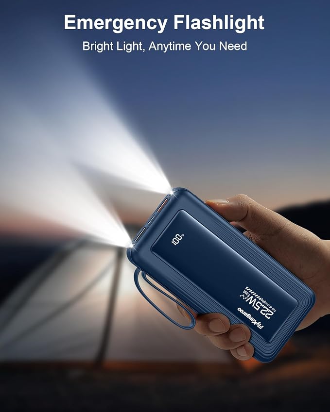 Portable Charger 10000mAh 22.5W Power Bank | Built in 4 Cables, Slim, Fast Charging, USB C LED Display, 6 Outputs & 2 Inputs, Flashlight