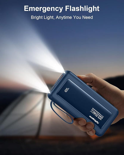 Portable Charger 10000mAh 22.5W Power Bank | Built in 4 Cables, Slim, Fast Charging, USB C LED Display, 6 Outputs & 2 Inputs, Flashlight