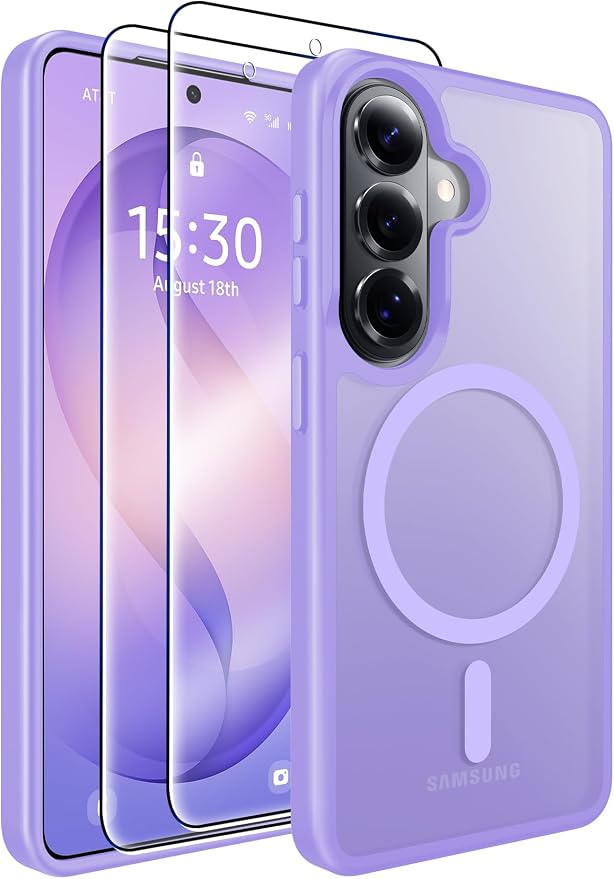 MOZOTER for Samsung Galaxy S26 Case with Magnetic,[Compatible with MagSafe][12Ft Military Dropproof][2*Screen Protector] Translucent Anti-Slip Back Slim Shockproof Case for S26-Purple