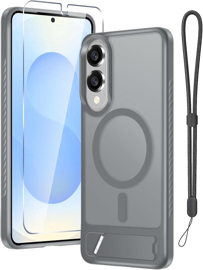 RMOCR for Samsung Galaxy S25 Edge Case with Screen Protector+Lanyard Wrist Strap,Magnetic Translucent Matte Rugged Slim Phone Cover Built in Invisible Kickstand [Fit for MagSafe],2025 Grey