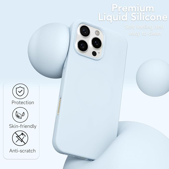 for iPhone 16 Pro Case Silicone Compatible with Magsafe Case, Ultra Slim Thin Magnetic Phone Cases Mag Safe, Cute Soft Rubber Gel TPU Matte Plain Wireless Charging Cover for Women, Light Blue