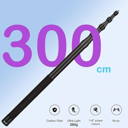 17-118"/3.0m Carbon Fiber Invisible Selfie Stick 9.8ft Extended Super Long Pole for Insta360 X5/X4 Insta 360 X3 ONE X2, ONE R, ONE X, ONE GO 3S 3 2 Gopro Max Action Camera Accessories