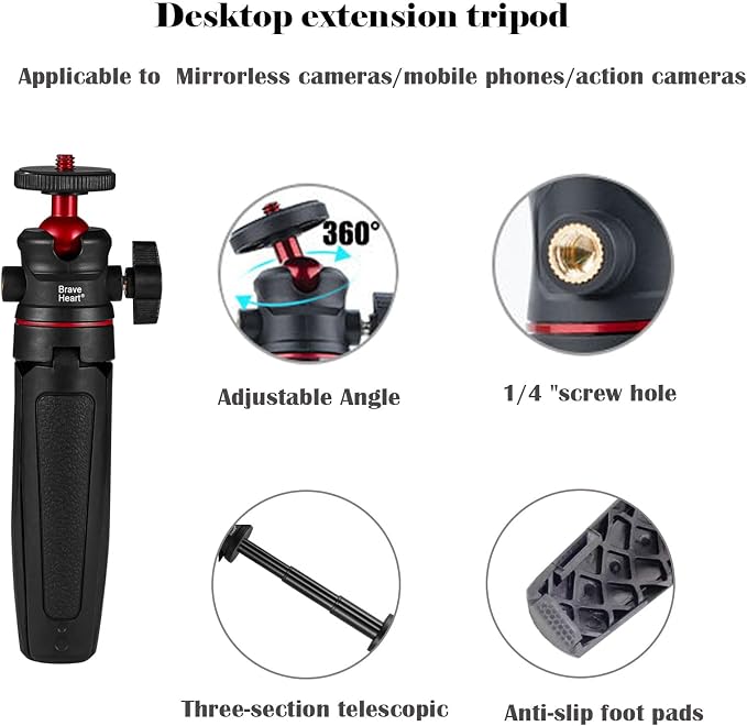 Black Mini Tripod Phone Stand with 1/4" Screw for iPhone/Insta 360 X5/ DJI/OSMO/Pocket 3 /Sony/Canon/Nikon/Cameras, Extendable Handheld Vlogging Video Filming Table Stand