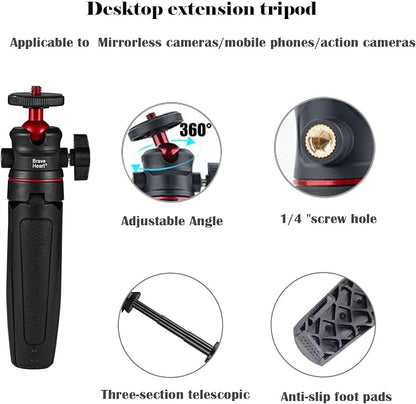 Black Mini Tripod Phone Stand with 1/4" Screw for iPhone/Insta 360 X5/ DJI/OSMO/Pocket 3 /Sony/Canon/Nikon/Cameras, Extendable Handheld Vlogging Video Filming Table Stand