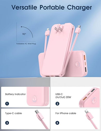 Nusyddy Portable Charger 10000mAh PD20W w/Built-in Cables & Wall Plug Pink | PD20W Fast Charging, Battery Indicator, Pass Through Charging, TSA Approved, Compact/Slim, Power Bank for iPhone/iPad/Samsung