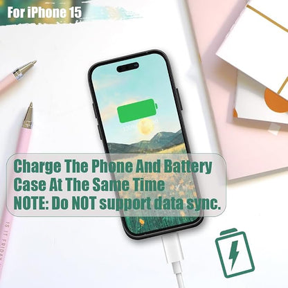 Battery Case for iPhone 15, 5000mAh Rechargeable Extended Battery Charging/Charger Case, Add 100% Extra Juice (6.1 inch) Black