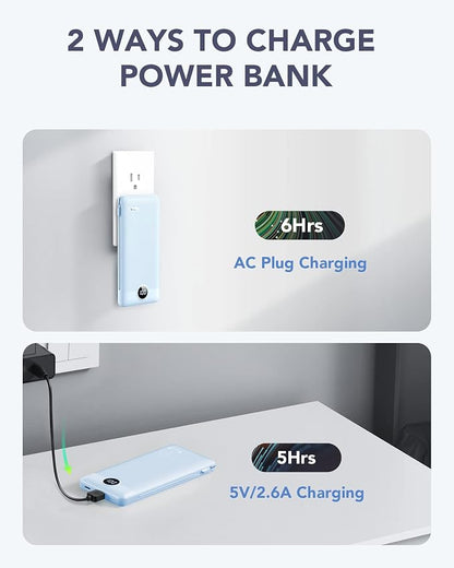 VRURC Portable Charger, Power Bank Built-in Cables and AC Wall Plug | USB C Power Bank 10000mAh, Travel Essentials Phone Charger Compact External Battery Pack For Smart Phones, Tablets etc-Blue