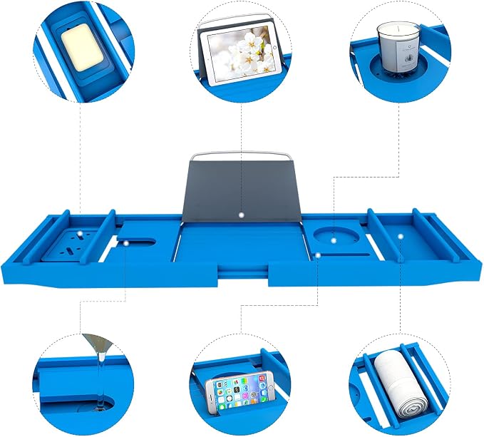 Domax Bathtub Caddy Tray - Expandable Bamboo Tub Tray for Luxury Spa Bath with Book Holder Free Soap Dish Blue
