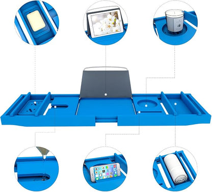 Domax Bathtub Caddy Tray - Expandable Bamboo Tub Tray for Luxury Spa Bath with Book Holder Free Soap Dish Blue