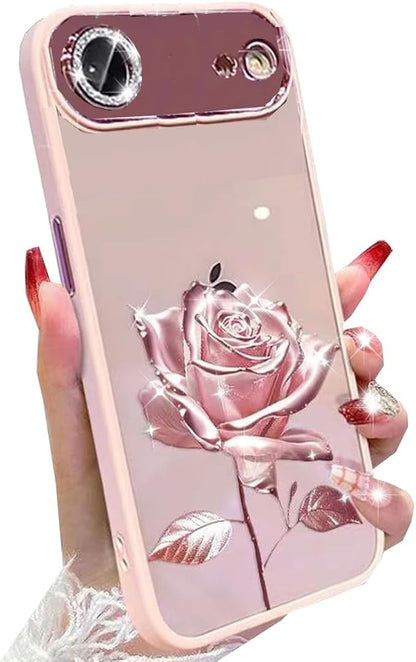 for iPhone Air Fairy Rose Clear Case, Cute Flower Floral with Glitter Bling Sparkly Camera Lens Protector TPU Bumper Shockproof Women Girls Protective Phone Cover for iPhone 17 Air 6.5", Pink
