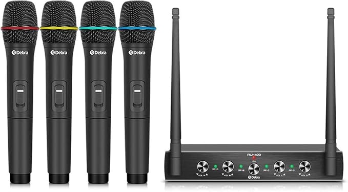 Debra Audio Pro UHF 4 Channel Wireless Microphone System with Cordless Handheld Lavalier Headset Mics, Metal Receiver, Ideal for Karaoke Church Party(with 4 Handheld (B))