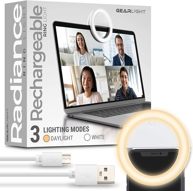 GearLight Selfie Ring Light for Computer or Phone - iPhone Compatible LED Lighting for Laptop Webcam, Video Recording - Rechargeable Circle Clip - Cute Stuff & Room Decor - White - 3.5 inch