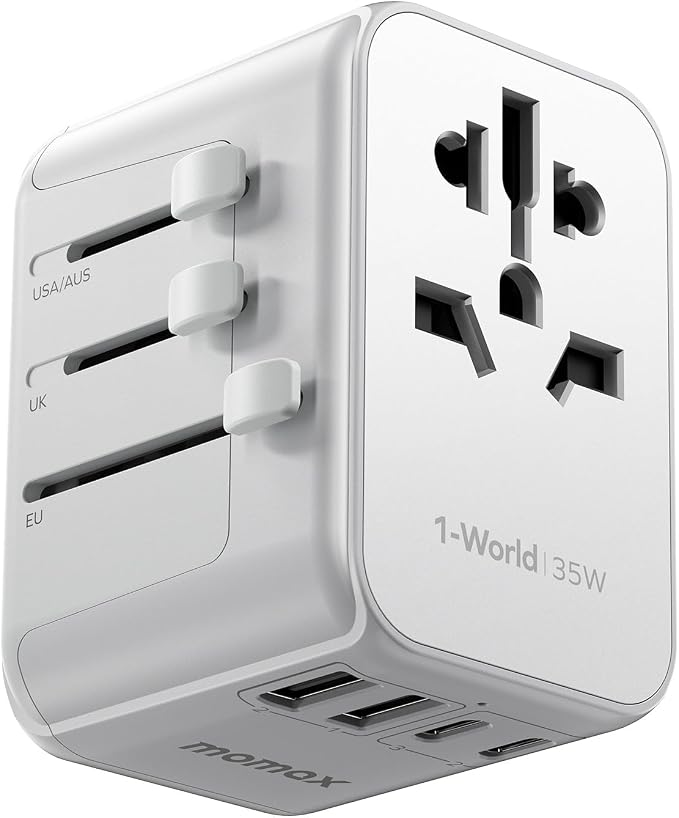 MOMAX Universal Travel Adapter, PD 35W Fast International Power Adapter, 3 USB C & 2 USB A, Worldwide Travel Plug Adapter, International Power Adapter for Europe, USA, Japan, Australia (Type C/A/G/I)