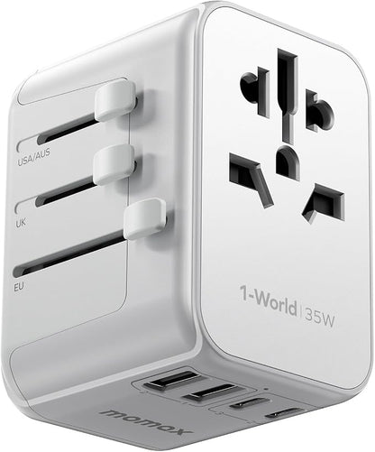 MOMAX Universal Travel Adapter, PD 35W Fast International Power Adapter, 3 USB C & 2 USB A, Worldwide Travel Plug Adapter, International Power Adapter for Europe, USA, Japan, Australia (Type C/A/G/I)