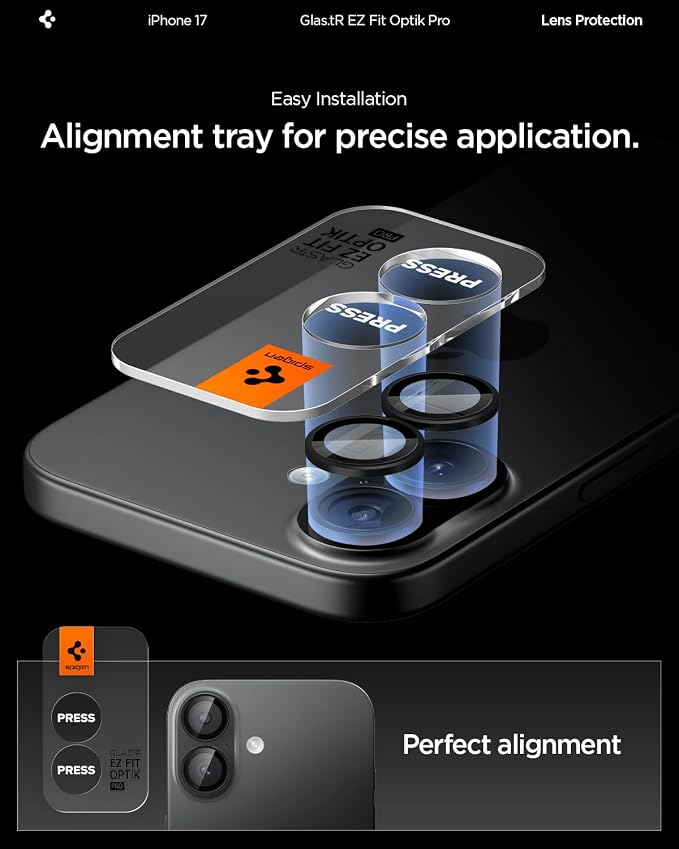 Spigen Camera Lens Screen Protector [GlasTR EZ Fit Optik Pro] Designed for iPhone 17 | iPhone 16 Plus | iPhone 16 [Case Friendly] - Black [2 Pack]