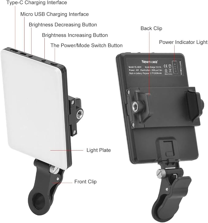 Newmowa 60 LED High Power Rechargeable Clip Fill Video Conference Light with Front & Back Clip, Adjusted 3 Light Modes for Phone, iPhone, Android, iPad, Laptop, for Makeup, TikTok, Selfie, Vlog