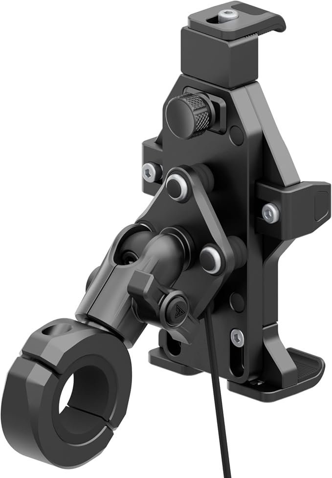Tackform Aluminum Motorcycle Adventure Phone Mount - Vibration Dampening and Wireless Charging | Fits 7/8" to 1-1/4" Handlebars | Compatible with iPhone, Galaxy, More | Short Reach Arm | Black
