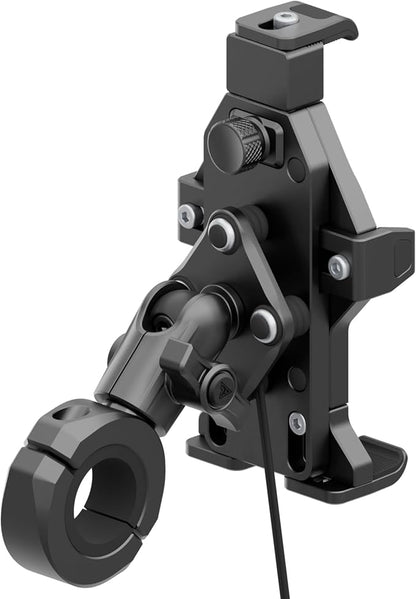 Tackform Aluminum Motorcycle Adventure Phone Mount - Vibration Dampening and Wireless Charging | Fits 7/8" to 1-1/4" Handlebars | Compatible with iPhone, Galaxy, More | Short Reach Arm | Black