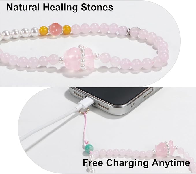 TEAMOLA Natural Stone Phone Charm, Handmade Crystal Cellphone Chain for Universal, Beaded Healing Anti Theft Phone Wrist Strap with Tether Tab, Rose Quartz & Amazonite & Yellow Agate & Shell Beads