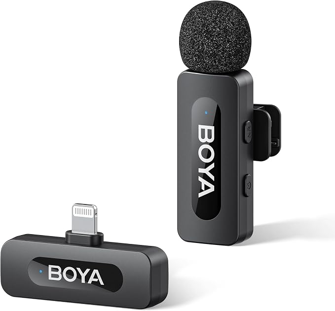 BOYA by-V1 Wireless Microphones for iPhone iPad with MFi Certified Lightning Port, 328ft Range, 9H Battery Life, Noise Reduction Mini Mic Clip on Lapel Microphone Wireless for Video Recroding