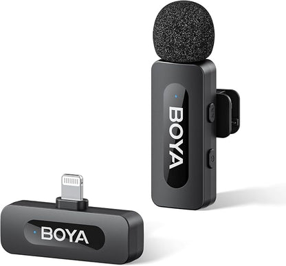 BOYA by-V1 Wireless Microphones for iPhone iPad with MFi Certified Lightning Port, 328ft Range, 9H Battery Life, Noise Reduction Mini Mic Clip on Lapel Microphone Wireless for Video Recroding