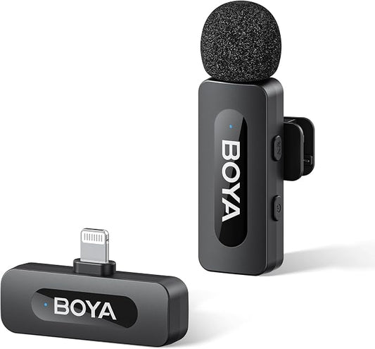 BOYA by-V1 Wireless Microphones for iPhone iPad with MFi Certified Lightning Port, 328ft Range, 9H Battery Life, Noise Reduction Mini Mic Clip on Lapel Microphone Wireless for Video Recroding