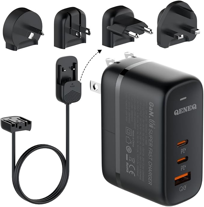 GaN 65W USB C Charger 3 Port Fast Charging Block Travel Charger Wall Charger Universal Travel Adapter EU UK Plug Adapter for MacBook iPad Pro/Air iPhone 15 16 Samsung S24 Laptop Steam Deck