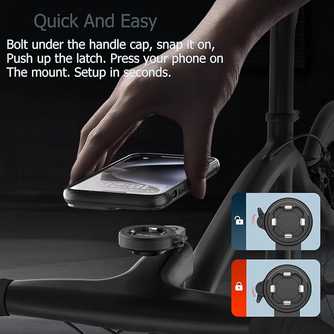 Bike Stem Phone Mount with Quad Safety Buckles – CNC Aluminum Center Holder for iPhone & Android | Quick Install | Anti-Shake Clamp for MTB/Road/Mountain