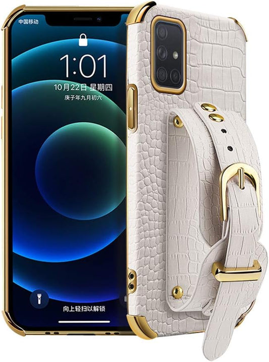 Leather Case Compatible with Samsung Galaxy A51 4G Phone Cases with Adjustable PU Wrist Strap Kickstand TPU Bumper Cover Shockproof Protective Running Armband Cool 6D Plating Shell(White)