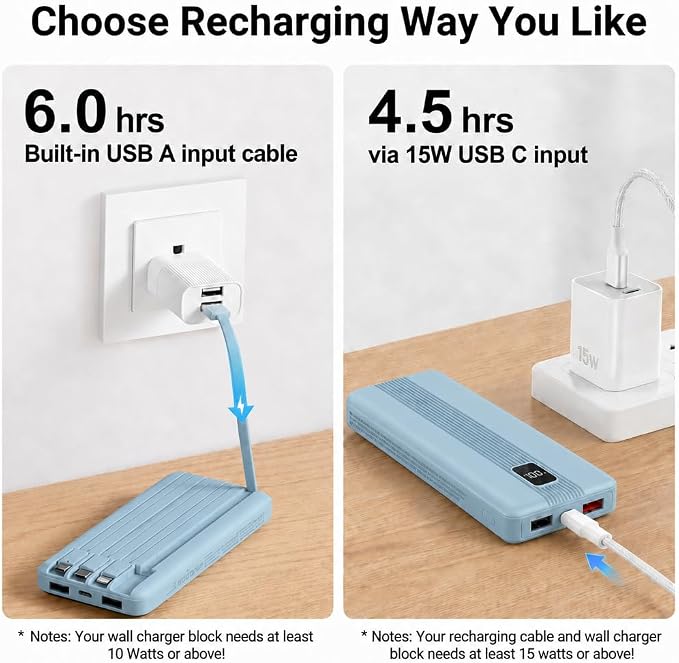 10000mAh Portable Charger with 4 Built-in Cables, 22.5W Fast Charging Power Bank, LED Display, Slim Travel Battery Pack for iPhone 17/16/15/14, Samsung Galaxy, iPad & More