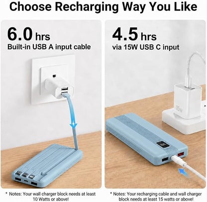 10000mAh Portable Charger with 4 Built-in Cables, 22.5W Fast Charging Power Bank, LED Display, Slim Travel Battery Pack for iPhone 17/16/15/14, Samsung Galaxy, iPad & More
