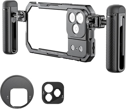 NEEWER Phone Cage Kit Compatible with iPhone 17 Pro Max Only, Video Rig Stabilizer Accessories with 67mm Filter Ring, 17mm Lens Backplate, T Mount Adapter, Two Quick Release Handles, PA144 (Black)