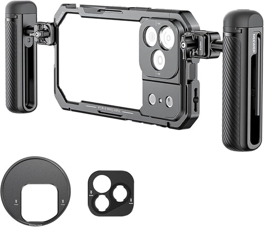 NEEWER Phone Cage Kit Compatible with iPhone 17 Pro Max Only, Video Rig Stabilizer Accessories with 67mm Filter Ring, 17mm Lens Backplate, T Mount Adapter, Two Quick Release Handles, PA144 (Black)