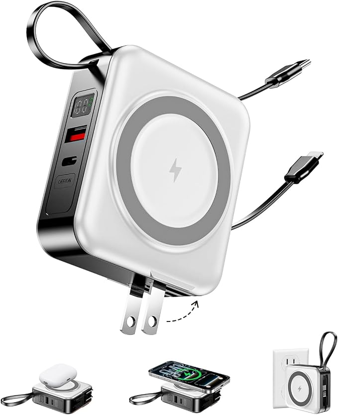 10000mAh for Magsafe Portable Charger Built-in Cables & AC Wall Plug,White | 6-in-1,PD 22.5W USB C Fast Charging,15W Magnetic Wireless Charging,Charge 5 devices at once,LED Display Travel Power Bank