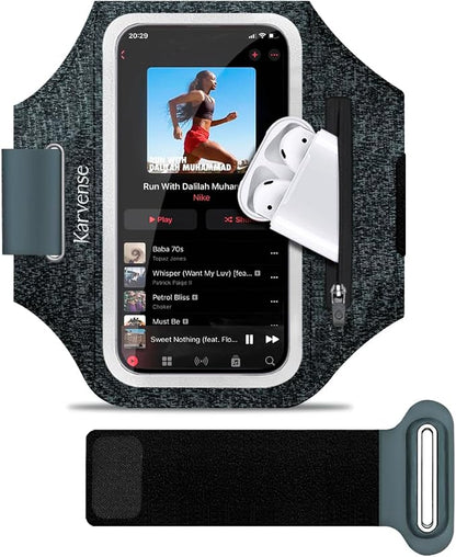 Running Phone Holder, Arm Band for Running for iPhone & Samsung Galaxy, Cell Phone Armband Holder for Walking, Gym, Workout, Men, Women, w/Adjustable Strap & Zipper Pocket (Black Heather-L)