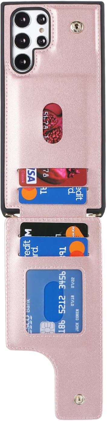Lipvina for Samsung Galaxy S22 Ultra Case with Card Holder and Strap for Women,Crossbody Lanyard,RFID Blocking,Ring Stand,Snap Clasp,Phone Wallet Cases 6.8 inch(Rose Gold)