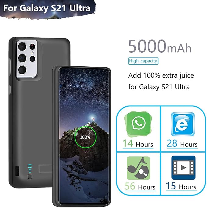 Sitong Battery Case for Samsung Galaxy S21 Ultra 5G, 5000mAh Rechargeable Extended Battery Charging Charger Case, Add 100% Extra Juice (6.8 Inches) Black