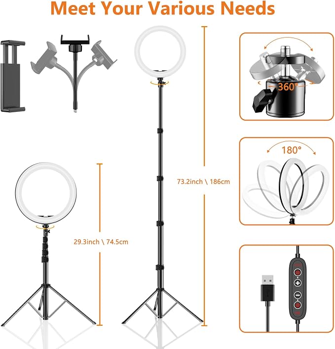 12" Selfie Ring Light with 73" Extendable Tripod Stand: PEYOU Desk Selfie Lights 38 Color Modes, Upgrade 3 in 1 Dimmable Adjustable Speed Ring Light for Makeup/TIK Tok/YouTube
