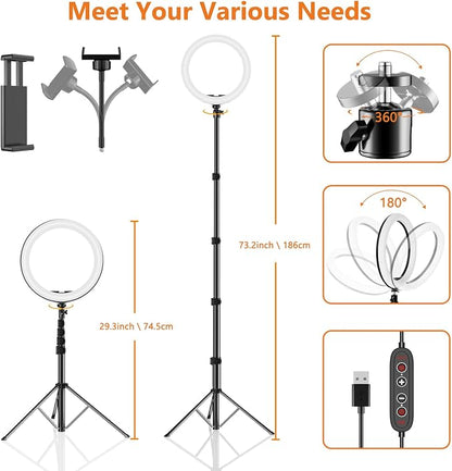 12" Selfie Ring Light with 73" Extendable Tripod Stand: PEYOU Desk Selfie Lights 38 Color Modes, Upgrade 3 in 1 Dimmable Adjustable Speed Ring Light for Makeup/TIK Tok/YouTube