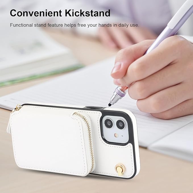 Bocasal Crossbody Wallet Case for iPhone 12/12 Pro, RFID Blocking Leather Purse Case with Card Holder, Protective Handbag Flip Cover with Zipper Wrist Strap Lanyard for Women 5G 6.1 Inch (White)