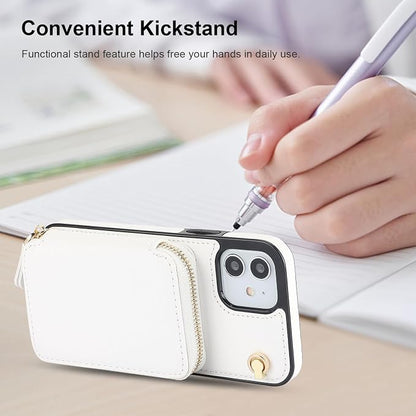 Bocasal Crossbody Wallet Case for iPhone 12/12 Pro, RFID Blocking Leather Purse Case with Card Holder, Protective Handbag Flip Cover with Zipper Wrist Strap Lanyard for Women 5G 6.1 Inch (White)
