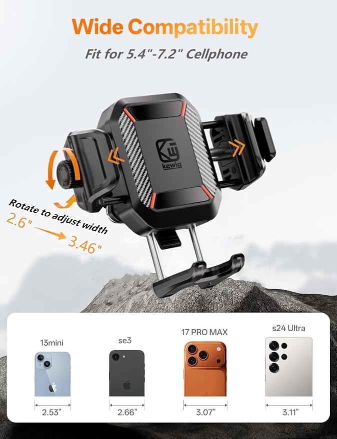 Kewig Motorcycle Phone Mount with Vibration Dampener [Anti-Theft] [Camera Friendly] Bike Phone Holder Handlebar Cradle for Bicycle Scooter ATV, Adjustable Size Fit for 5.4-7.2" Cellphone