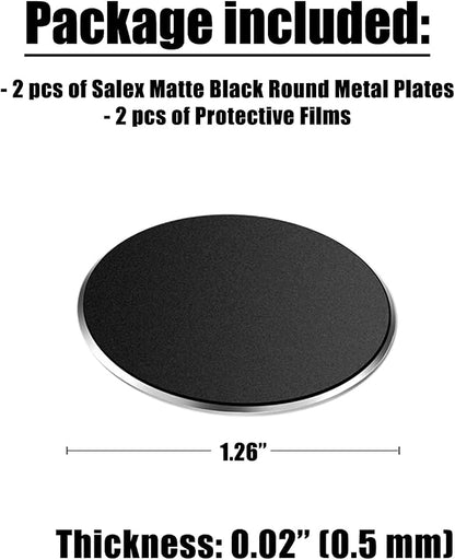 Replacement Metal Plates Set for Magnetic Car Phone Holders, Wall & Air Vent Mounts, Cases, Magnets. Kit of 2 Matte Black Round Iron Discs without Holes. 3M Adhesive Backing. Steel Disks 2 Pack.